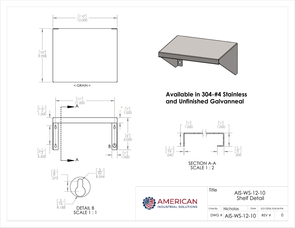 12" x 10" Stainless Steel Wall Shelf