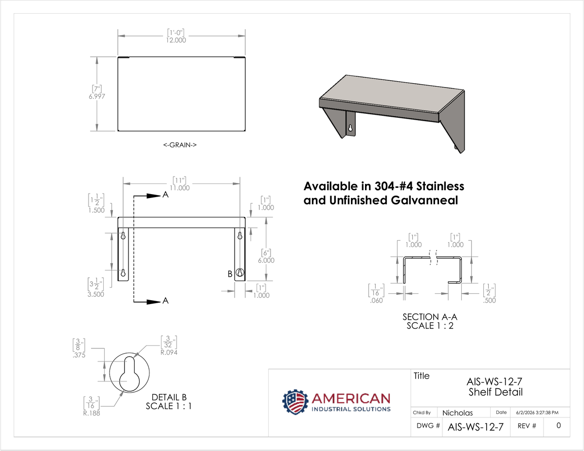 12" x 7" Stainless Steel Wall Shelf