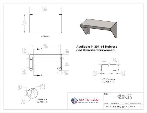 12" x 7" Stainless Steel Wall Shelf