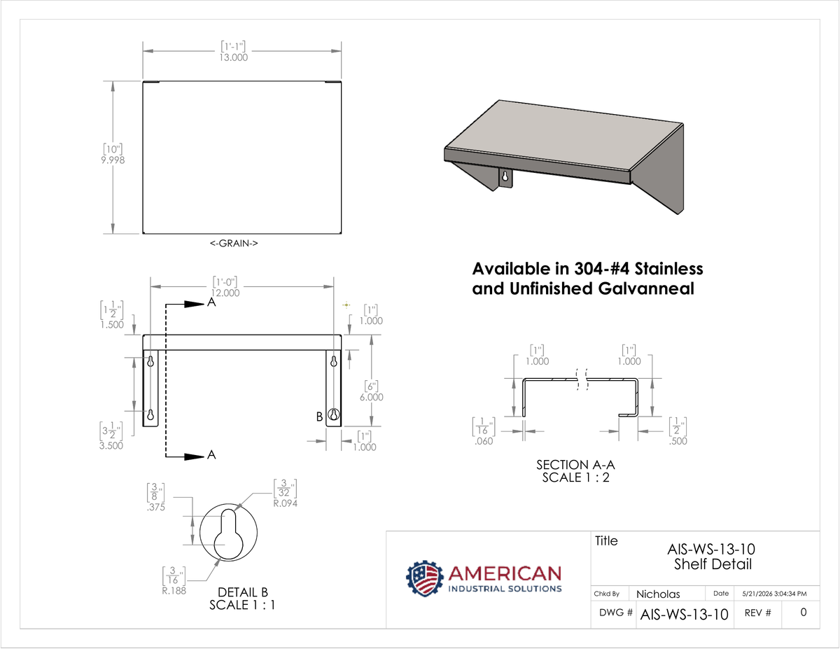 13" x 10" Stainless Steel Wall Shelf (12" Stud Spacing)