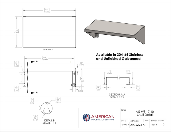 17" x 10" Stainless Steel Wall Shelf (16" Stud Spacing)