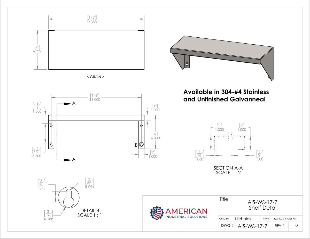 17" x 7" Stainless Steel Wall Shelf (16" Stud Spacing)