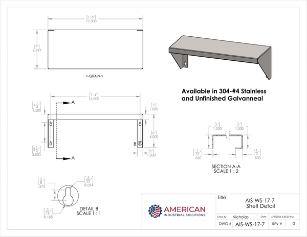17" x 7" Stainless Steel Wall Shelf (16" Stud Spacing)