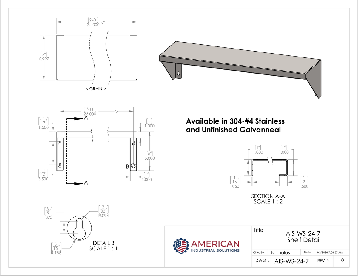 24" x 7" Stainless Steel Wall Shelf