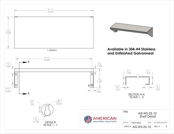 25" x 10" Stainless Steel Wall Shelf (12" Stud Spacing)