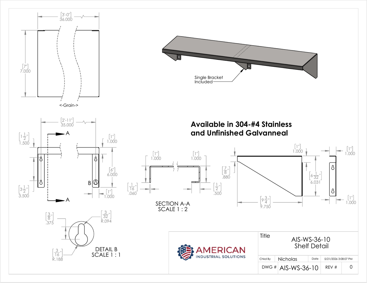 36" x 10" Stainless Steel Wall Shelf