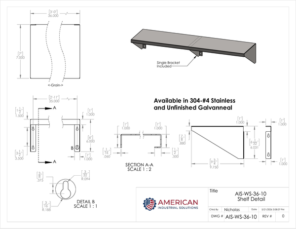 36" x 10" Stainless Steel Wall Shelf