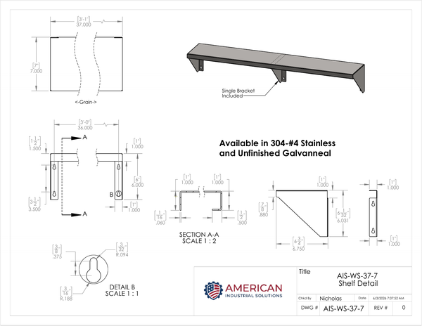 36" x 7" Stainless Steel Wall Shelf