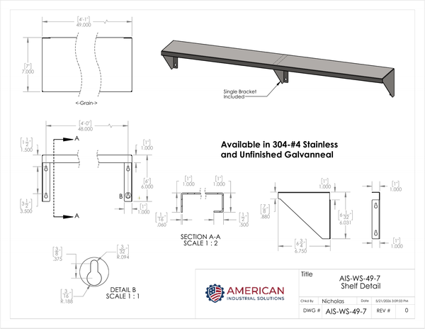 49" x 7" Stainless Steel Wall Shelf (12" or 16" Stud Spacing)