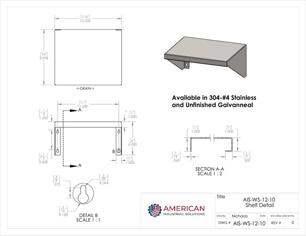 12" x 10" Stainless Steel Wall Shelf