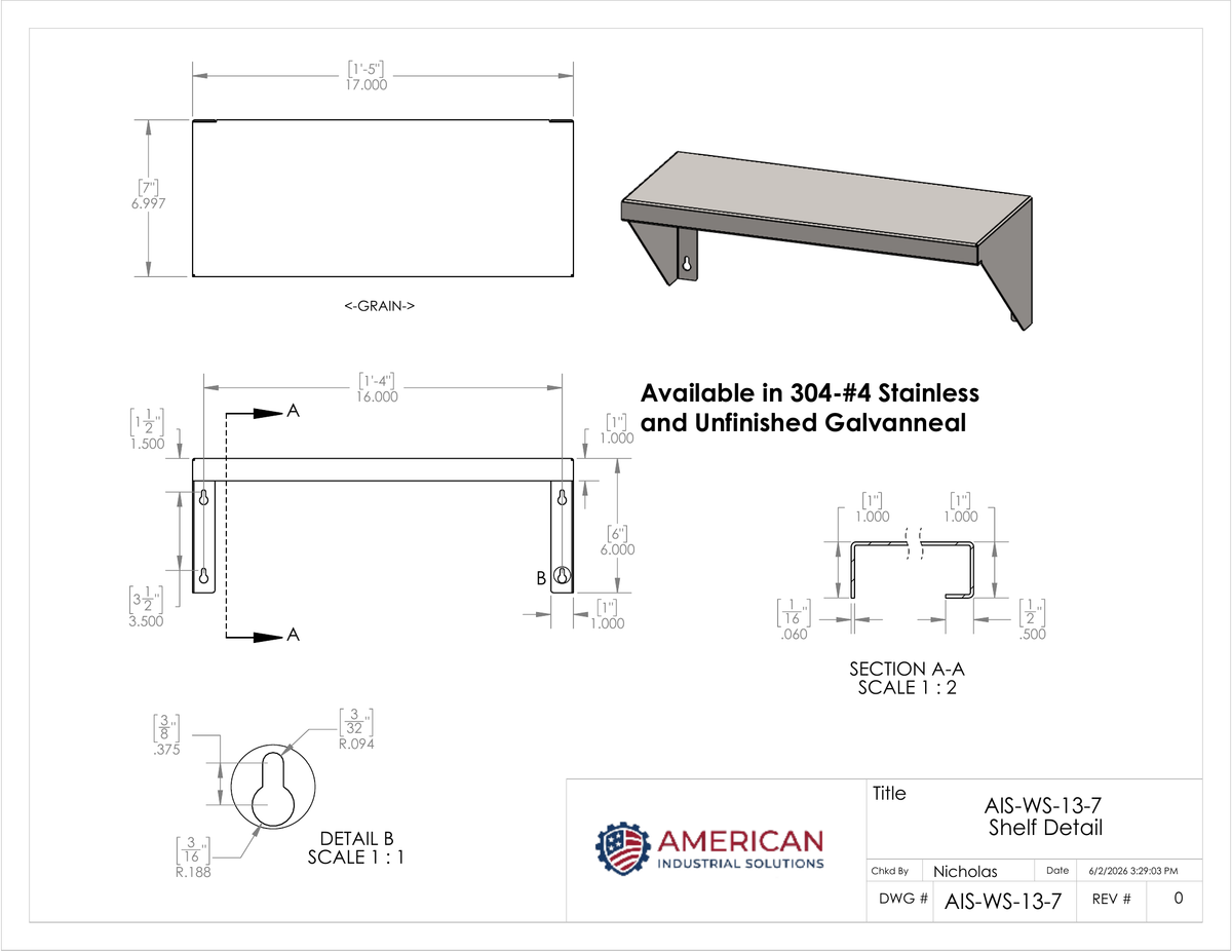 13" x 7" Stainless Steel Wall Shelf (12" Stud Spacing)