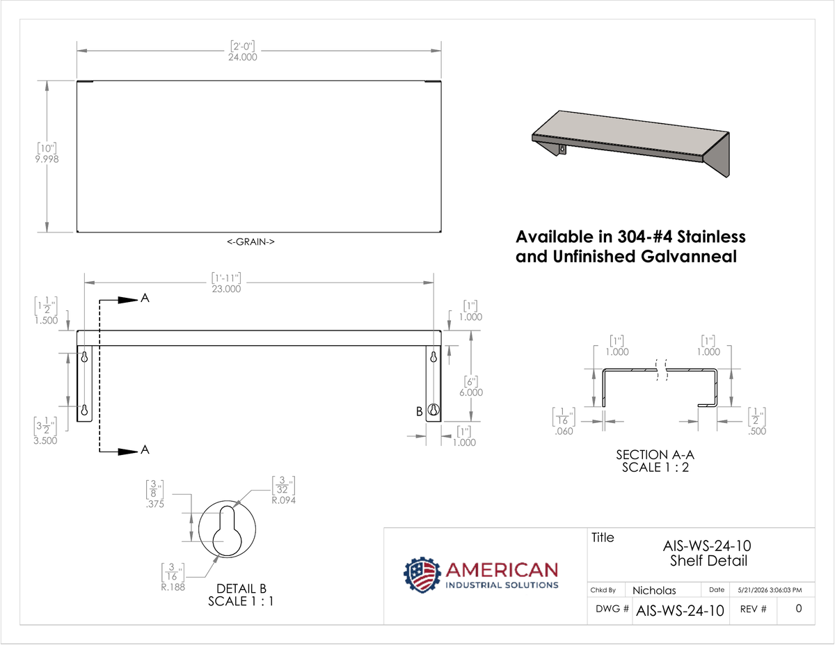 24" x 10" Stainless Steel Wall Shelf
