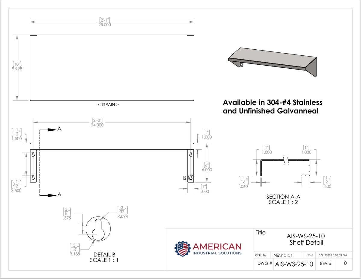 25" x 10" Stainless Steel Wall Shelf (12" Stud Spacing)