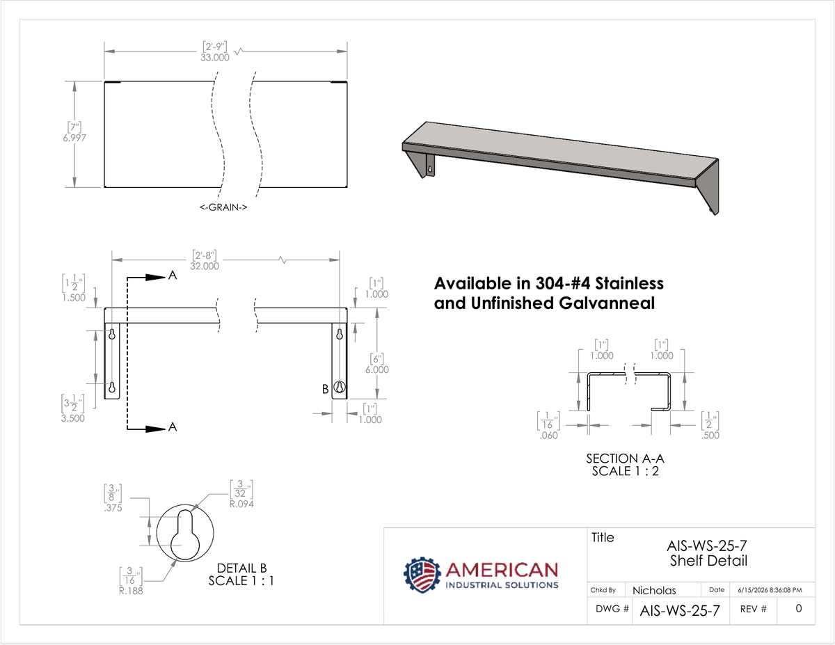 25" x 7" Stainless Steel Wall Shelf (12" Stud Spacing)