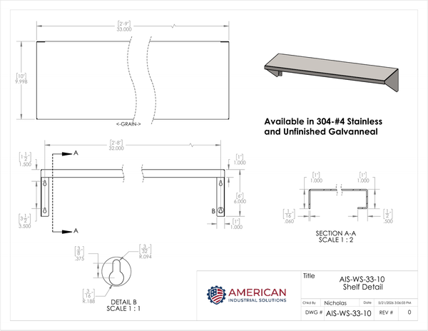 33" x 10" Stainless Steel Wall Shelf (16" Stud Spacing)