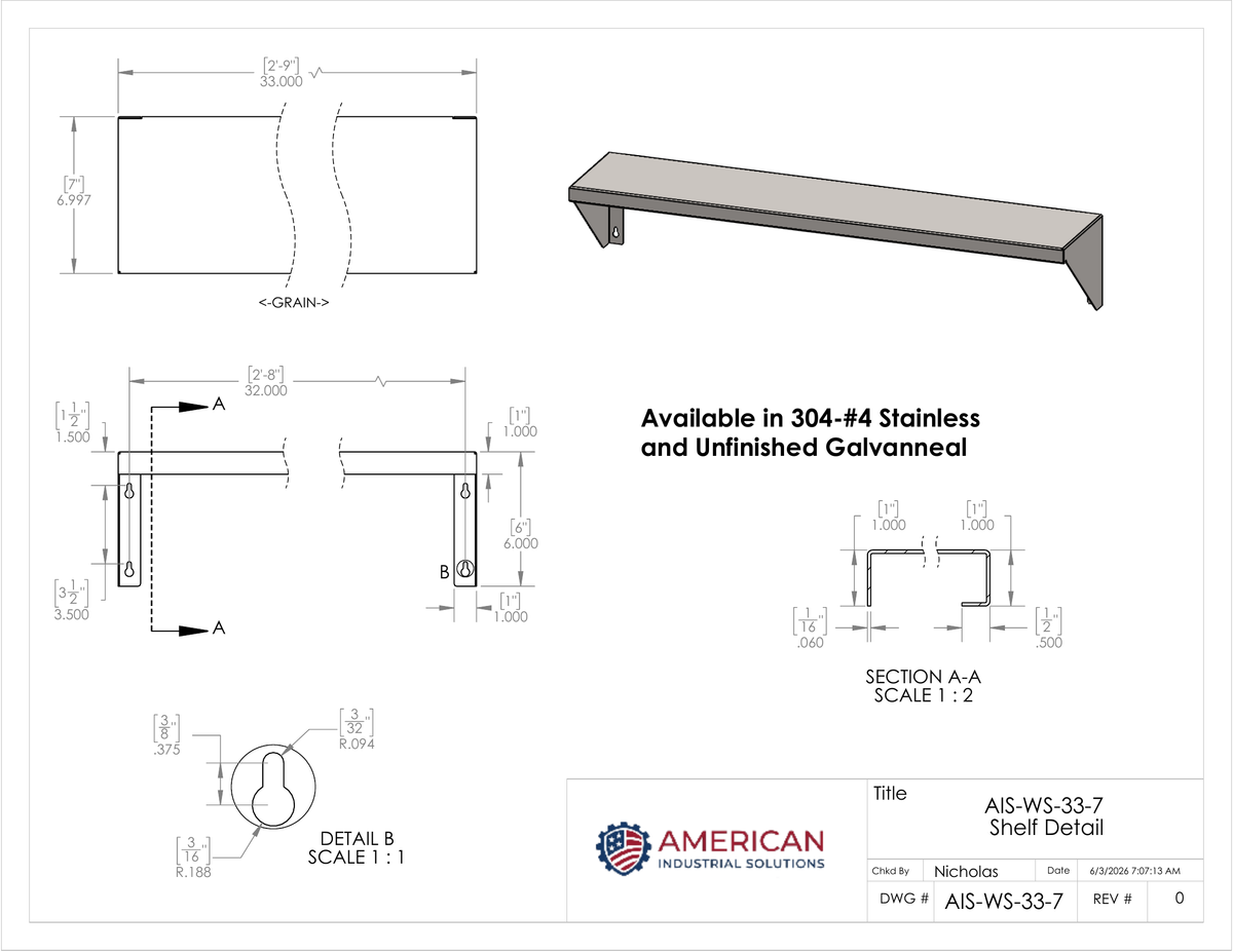 33" x 7" Stainless Steel Wall Shelf (16" Stud Spacing)