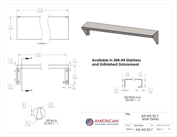 33" x 7" Stainless Steel Wall Shelf (16" Stud Spacing)