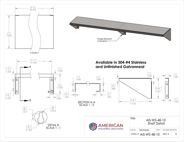 48" x 10" Stainless Steel Wall Shelf