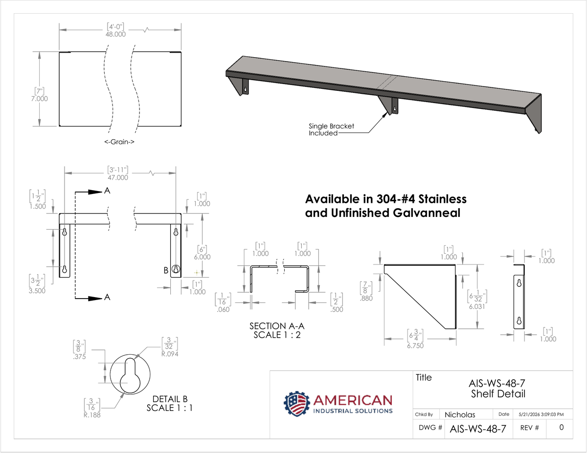 48" x 7" Stainless Steel Wall Shelf