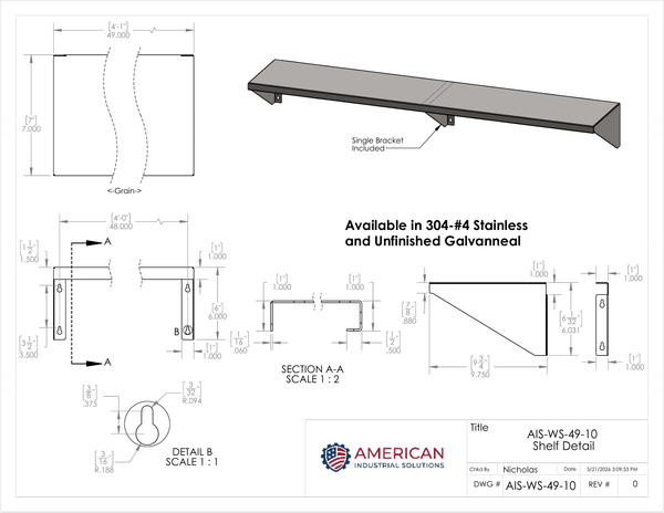 49" x 10" Stainless Steel Wall Shelf (12" or 16" Stud Spacing)
