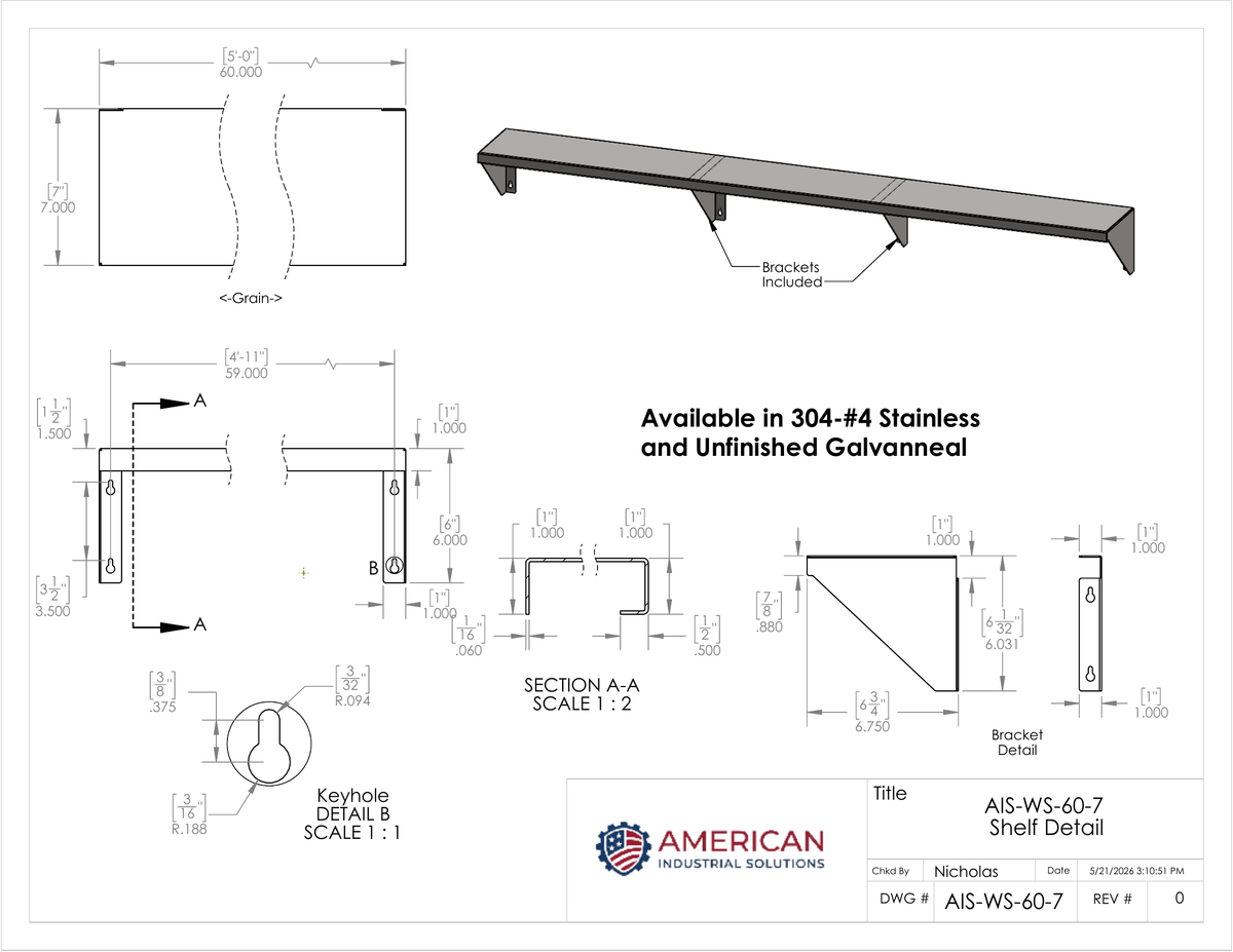 60" x 7" Stainless Steel Wall Shelf