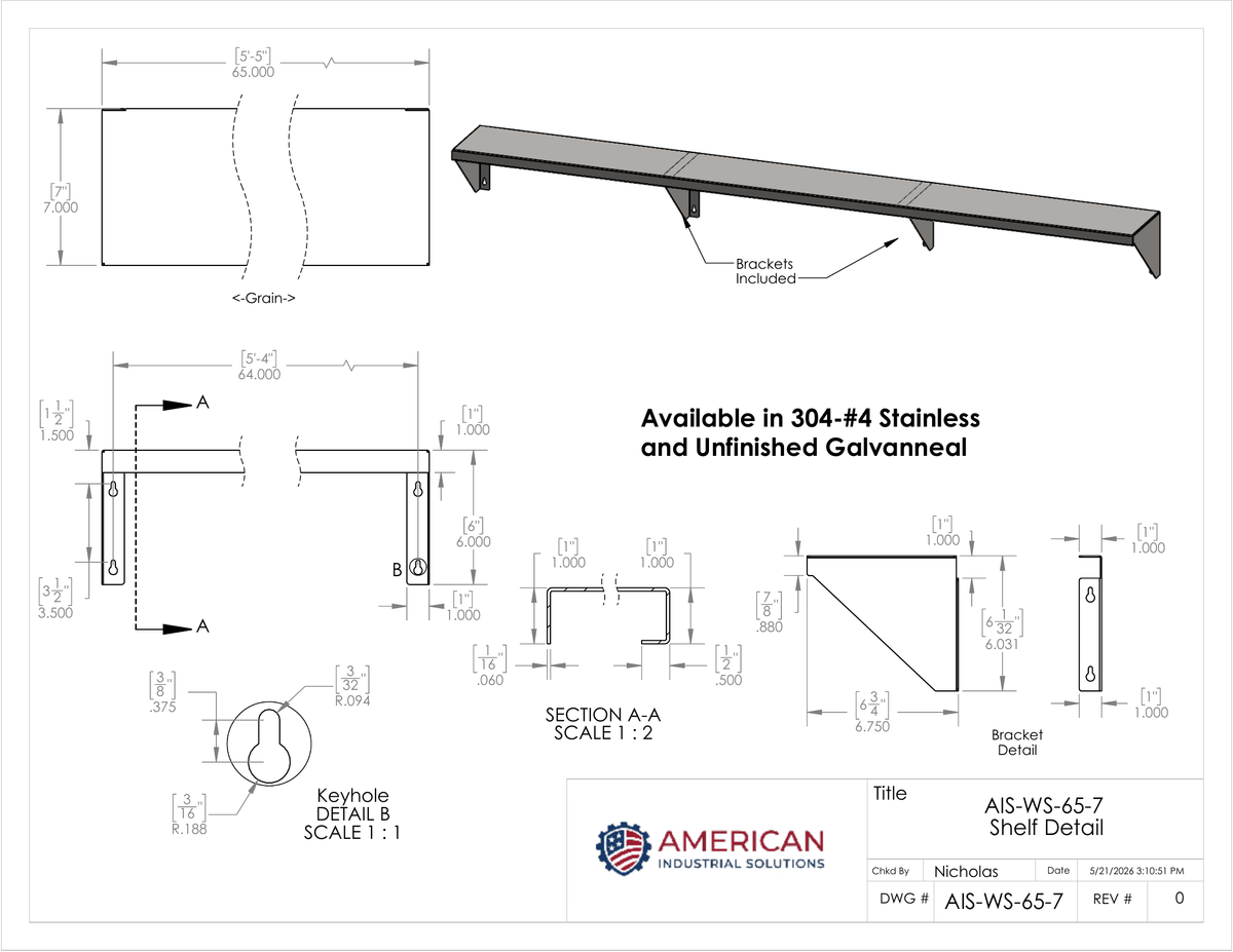 65" x 7" Stainless Steel Wall Shelf (16" Stud Spacing)