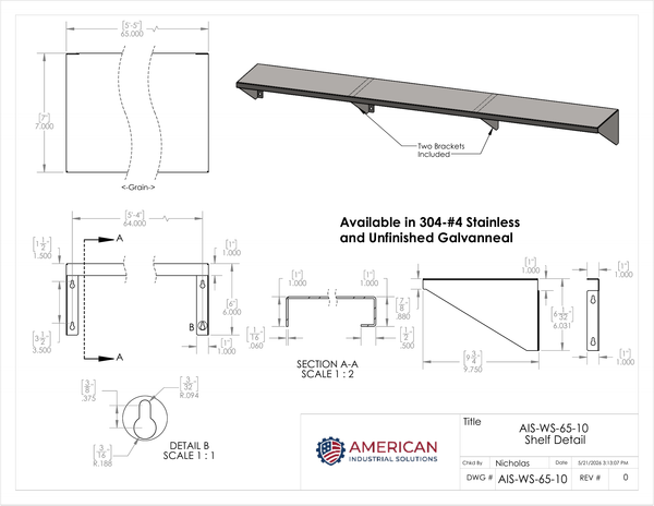 65" x 10" Stainless Steel Wall Shelf (16" Stud Spacing)